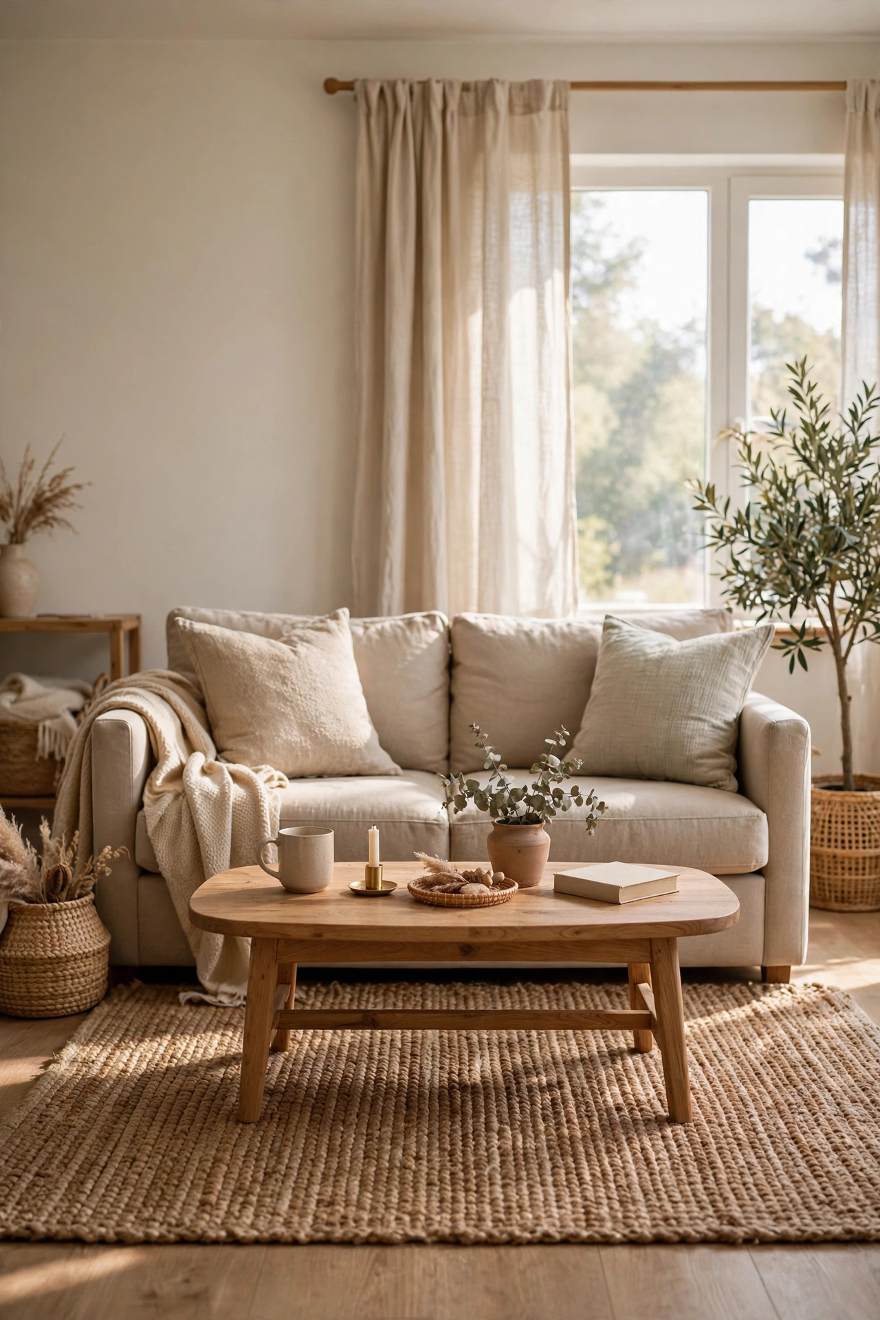 Natural jute rug grounding a beige living room seating area