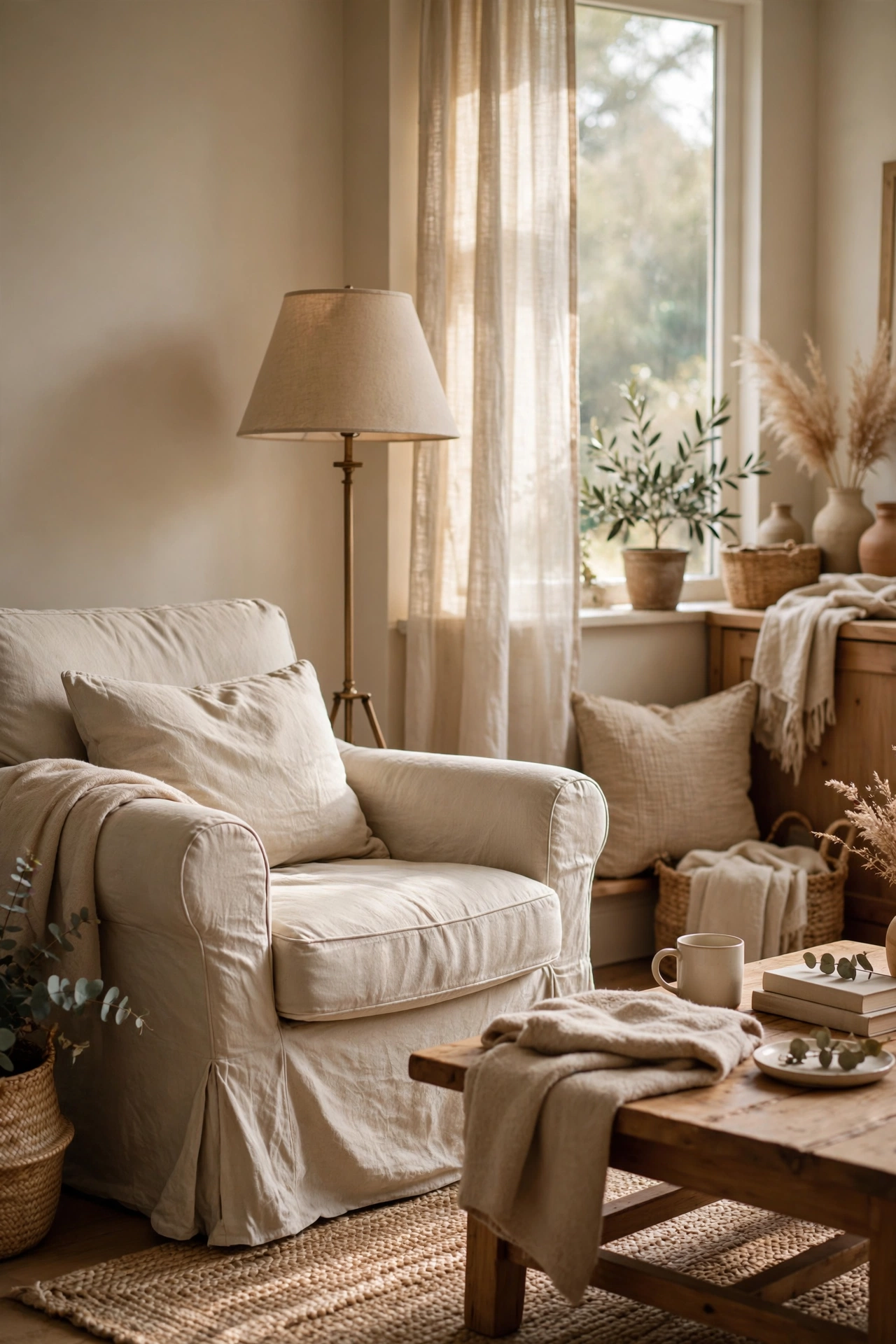 Armchair with an oatmeal stretch slipcover in a beige budget living room