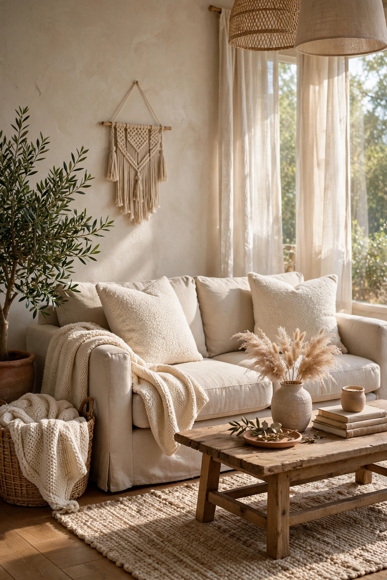 Cream boucle throw pillows on a beige sofa adding rich texture