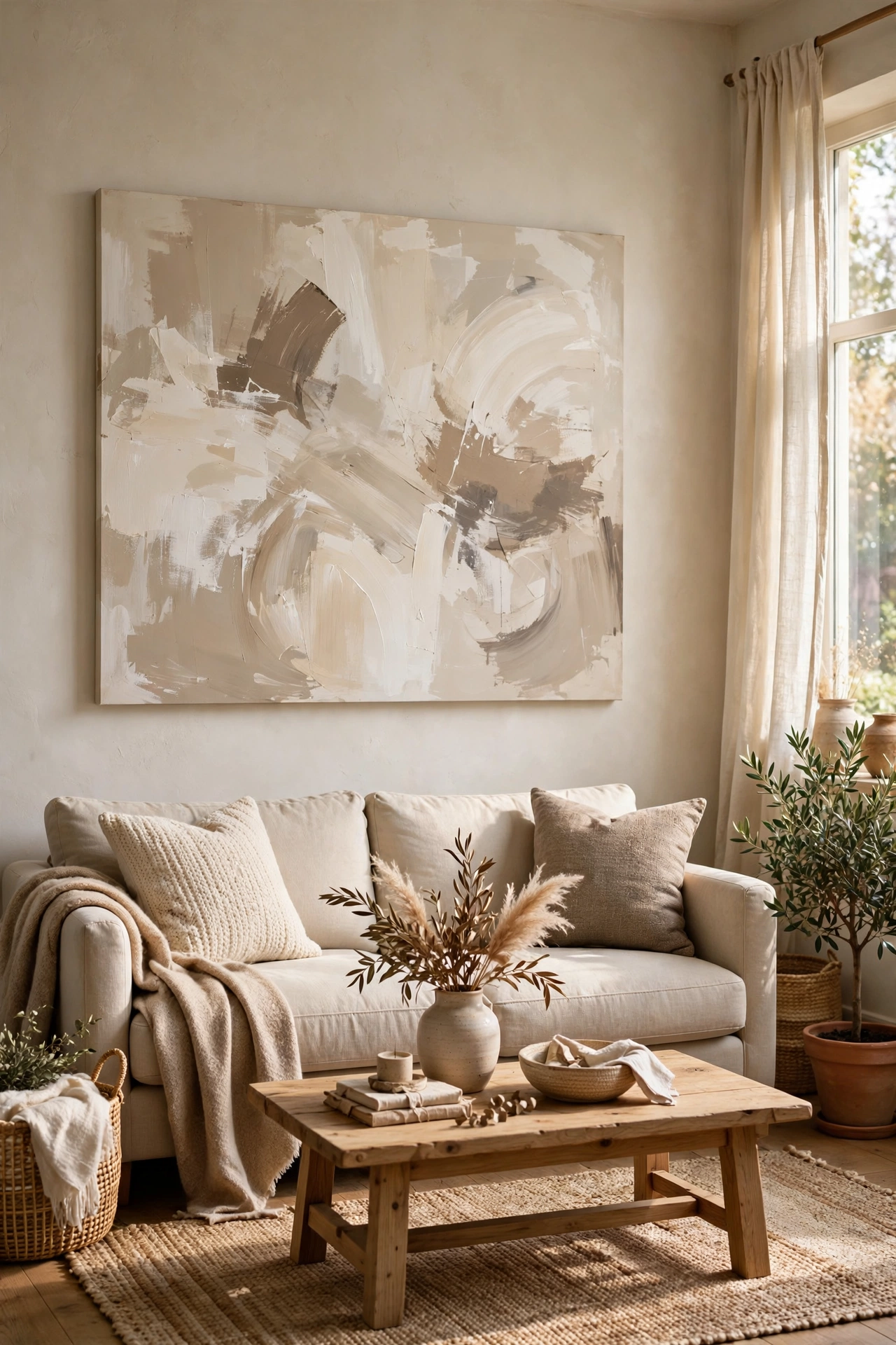 Large DIY abstract painting in beige cream and taupe tones above a neutral sofa