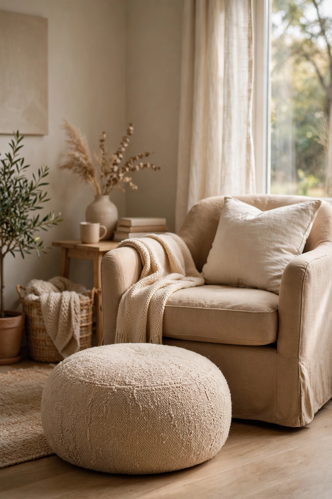 Round beige storage pouf used as footrest in a cozy neutral living room