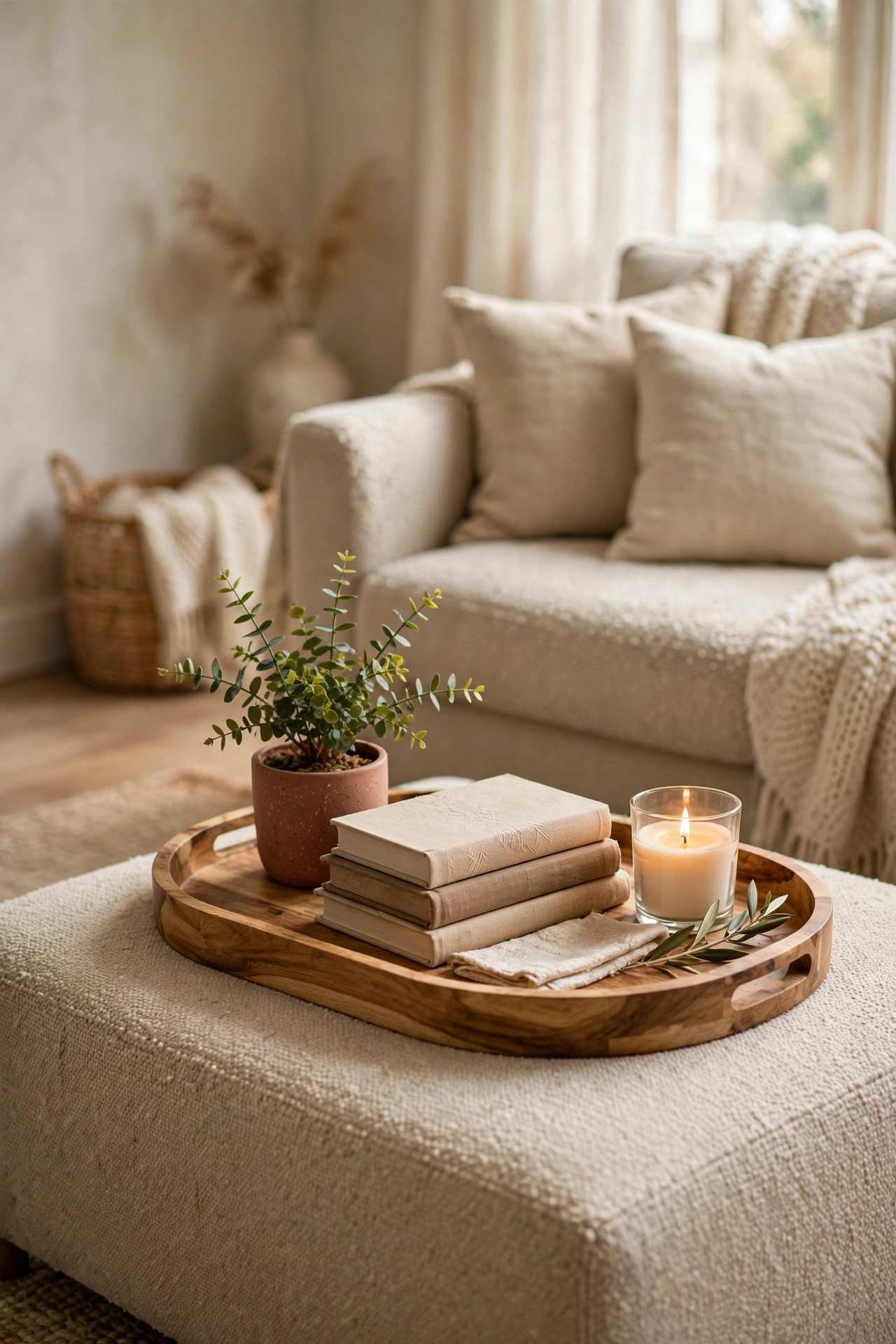 Natural wood tray styled with plant books and candle on a beige coffee table