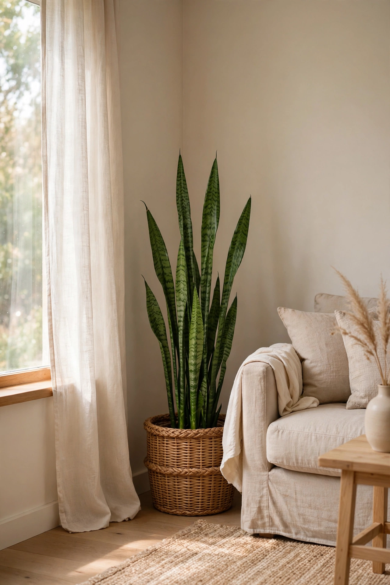 Tall green houseplant in a woven basket planter in a beige living room corner