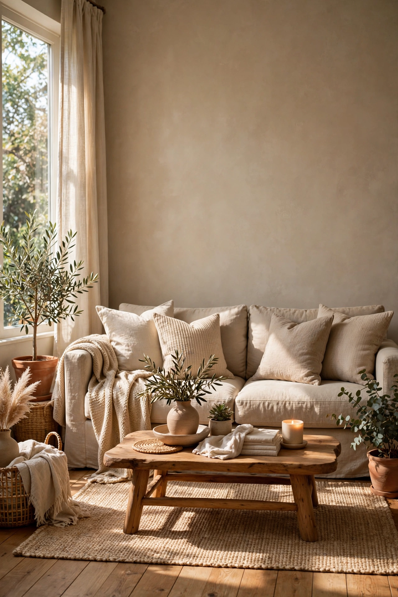 Warm greige accent wall behind a beige sofa adding depth to a living room