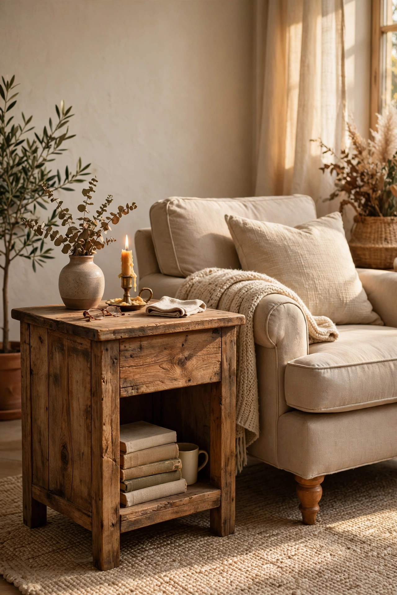 Thrifted solid oak side table with beautiful wood grain in a beige living room