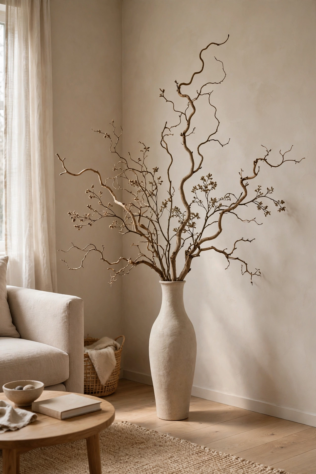Foraged curly branches arranged in a tall floor vase in a beige living room