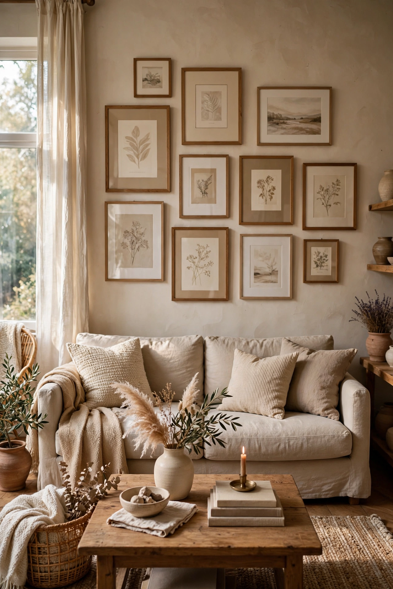 Gallery wall of neutral frames and prints consolidated in a beige living room