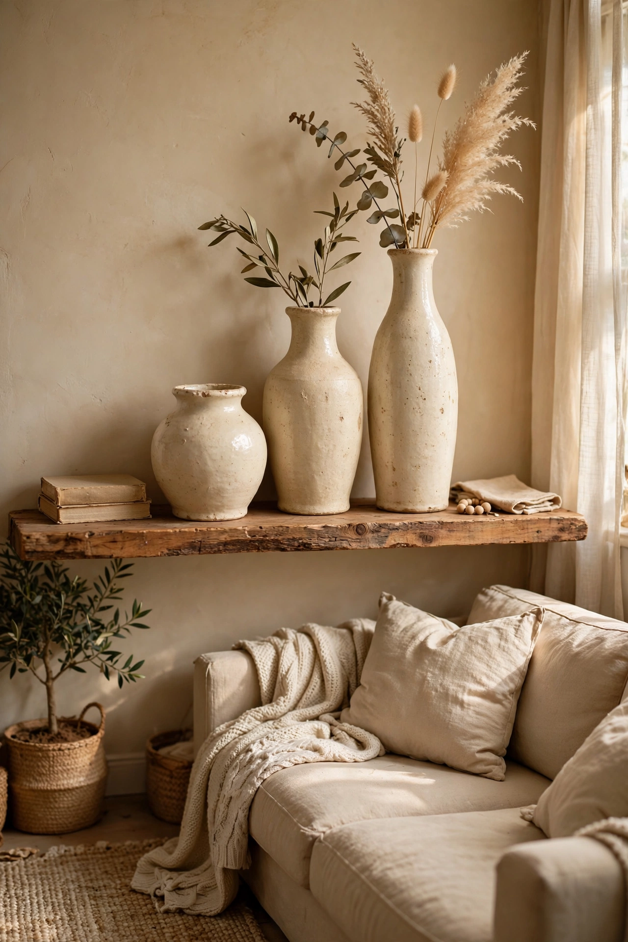 Group of thrifted cream ceramic vases in different heights on a wooden shelf