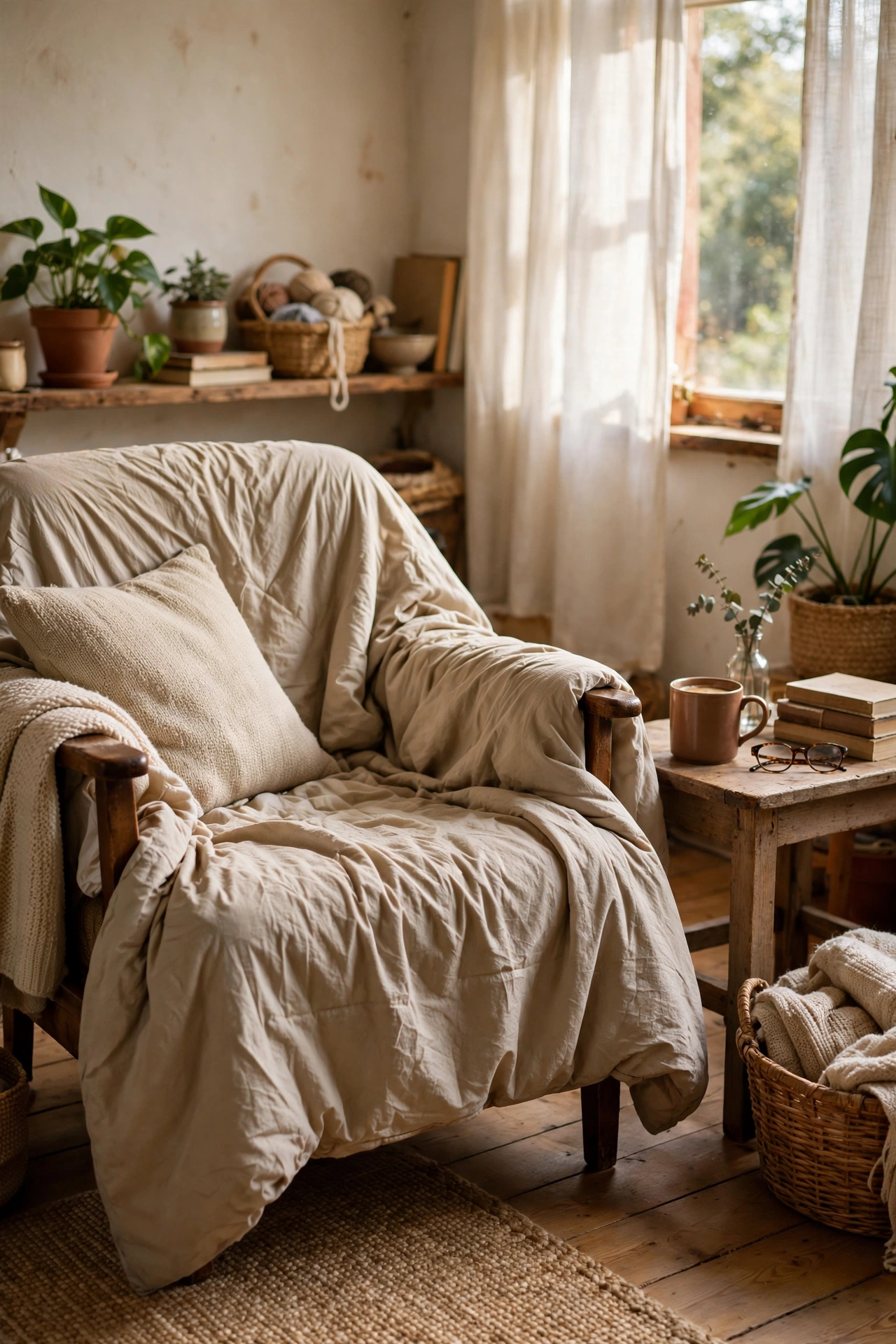 Armchair casually covered with a thrifted beige duvet as a relaxed slipcover