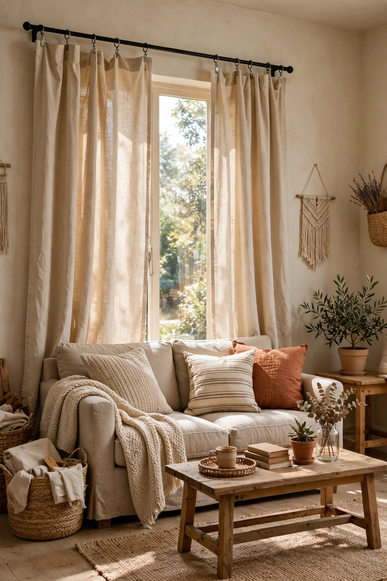 No-sew canvas drop cloth curtains hung with clip rings in a beige living room