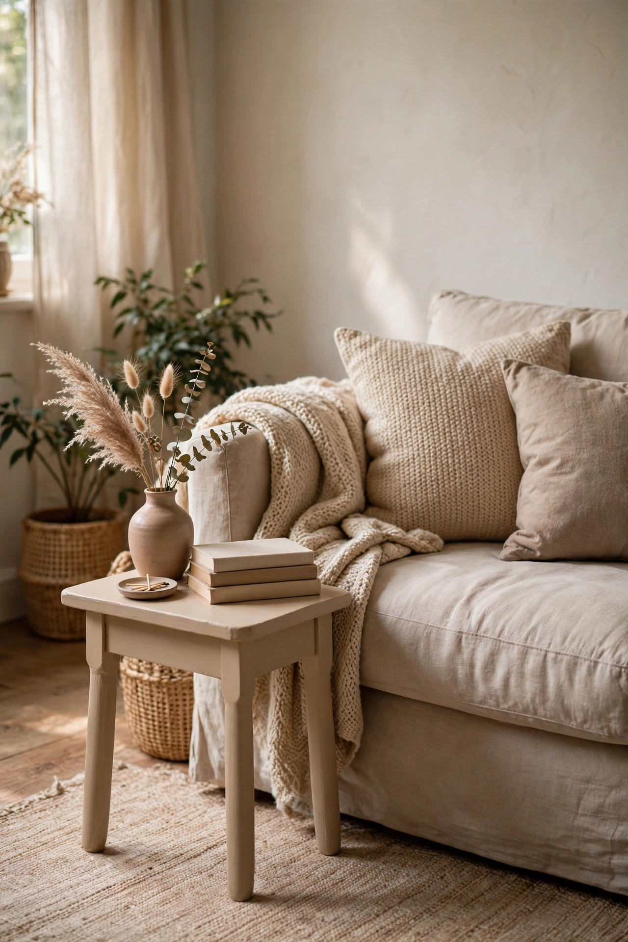 Small thrifted side table freshly painted warm beige in a neutral living room