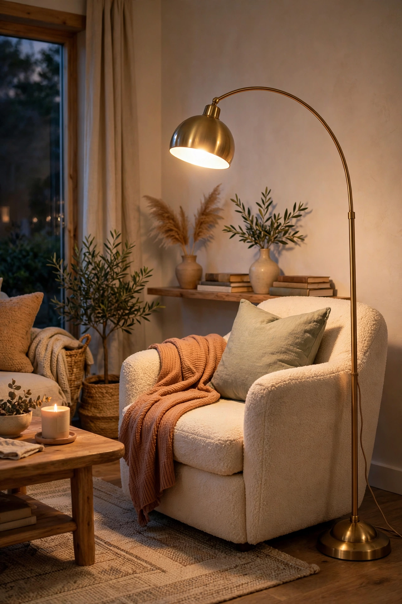 Living room decor under $50: brass-look arc floor lamp that looks expensive