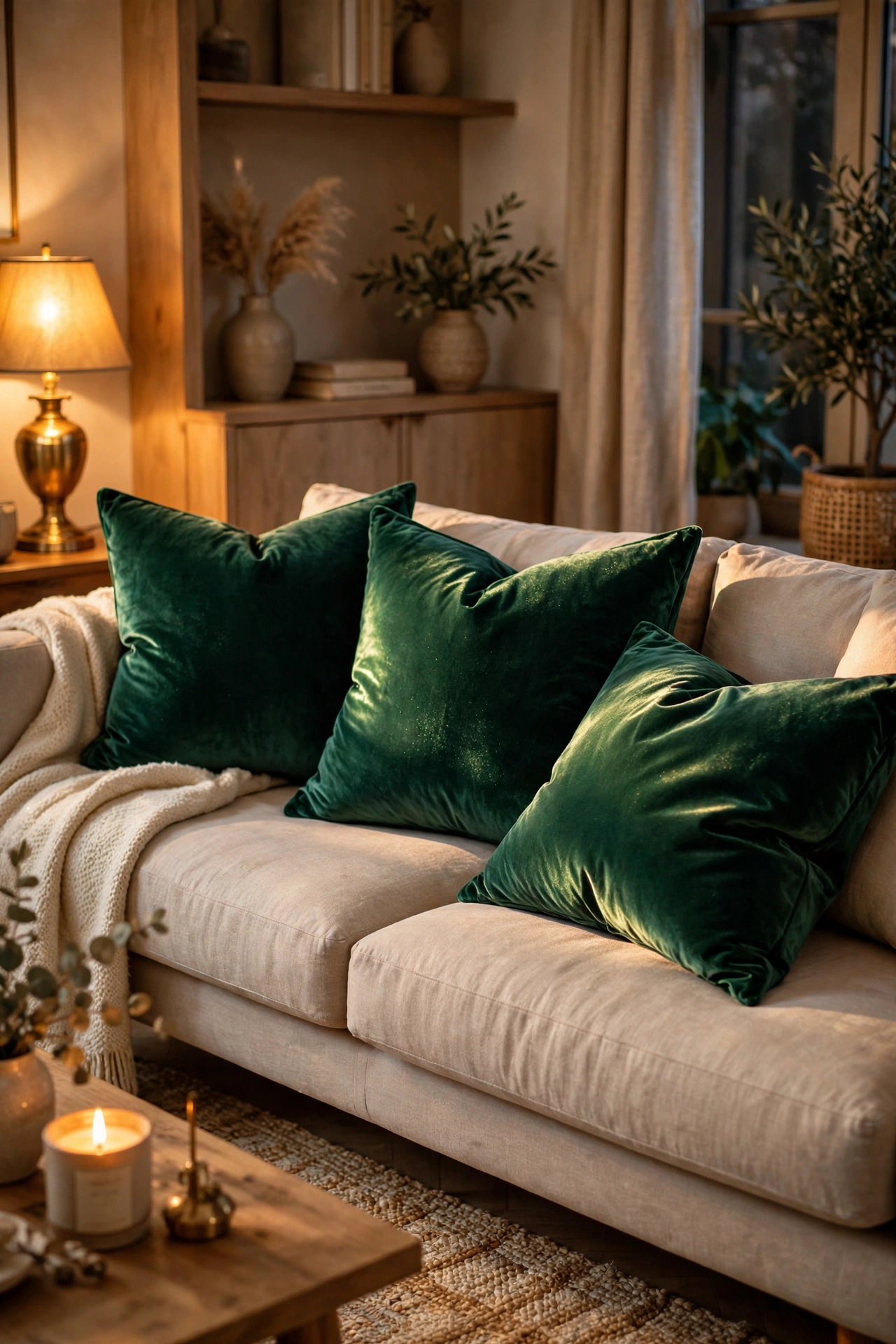 Emerald velvet pillow covers making a sofa look luxurious for under $50