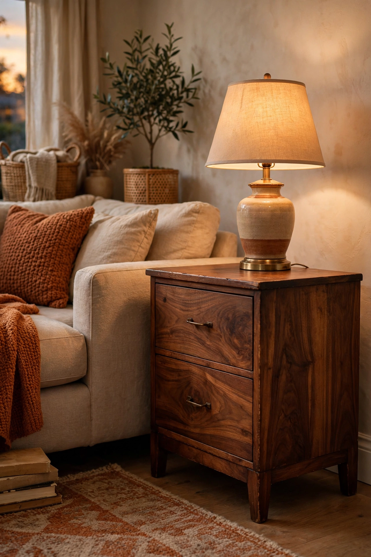Thrifted solid walnut wood side table oiled to look like mid-century furniture