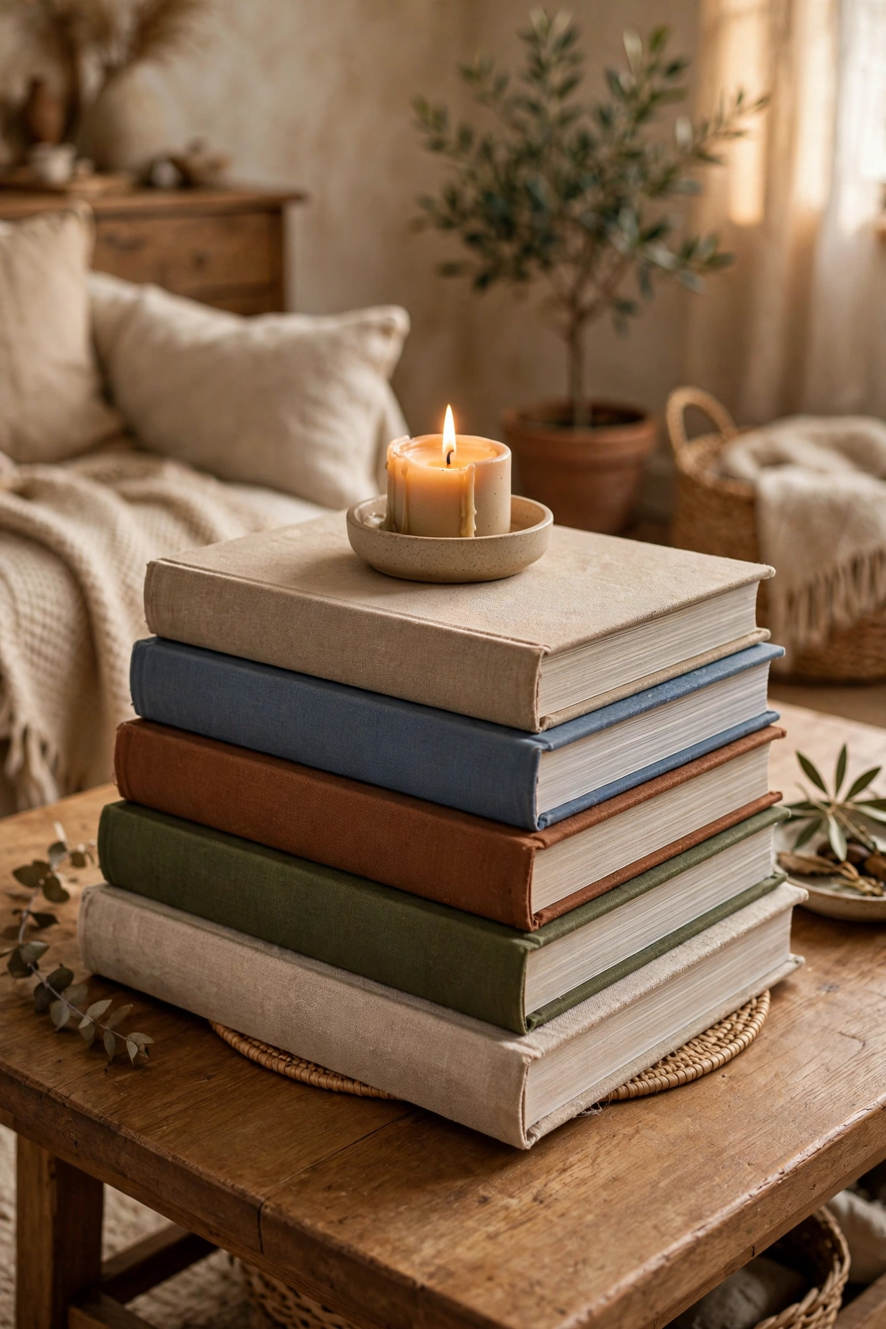 Stack of thrifted oversized coffee table art books styled on a living room table