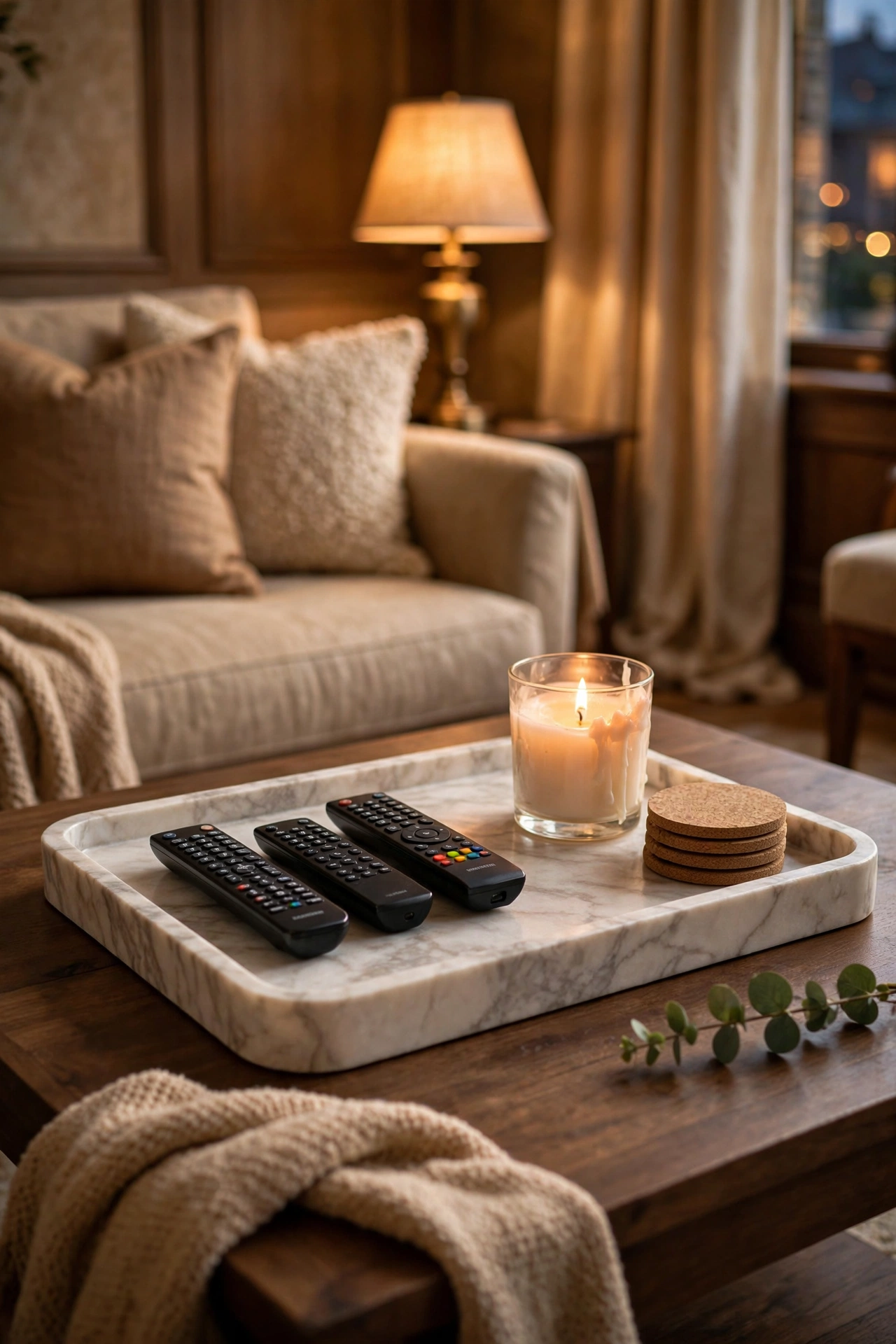 Marble-look tray organizing remotes and candles on a coffee table