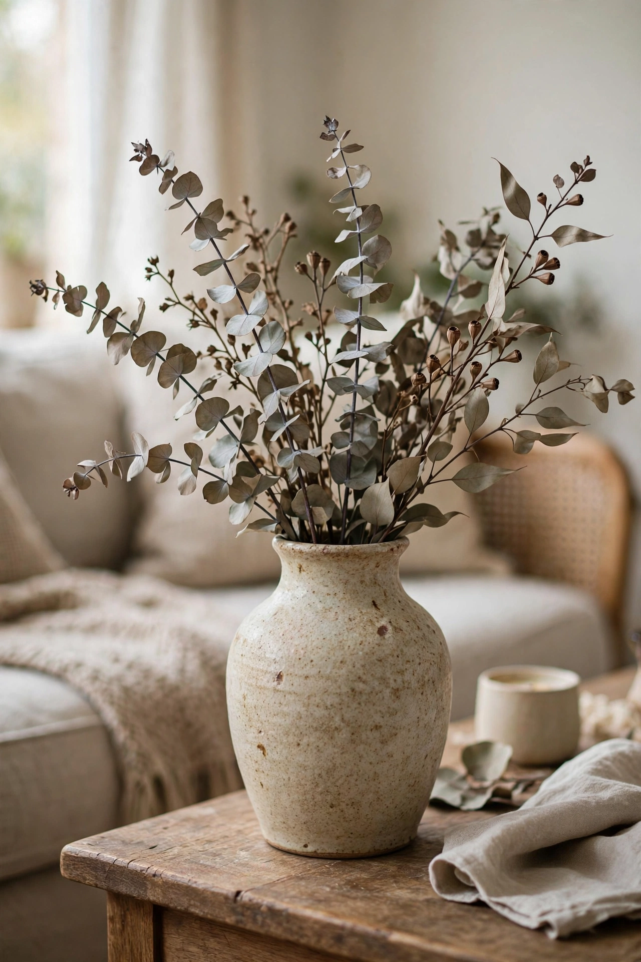 Dried eucalyptus arrangement in a thrifted vase as budget luxury decor