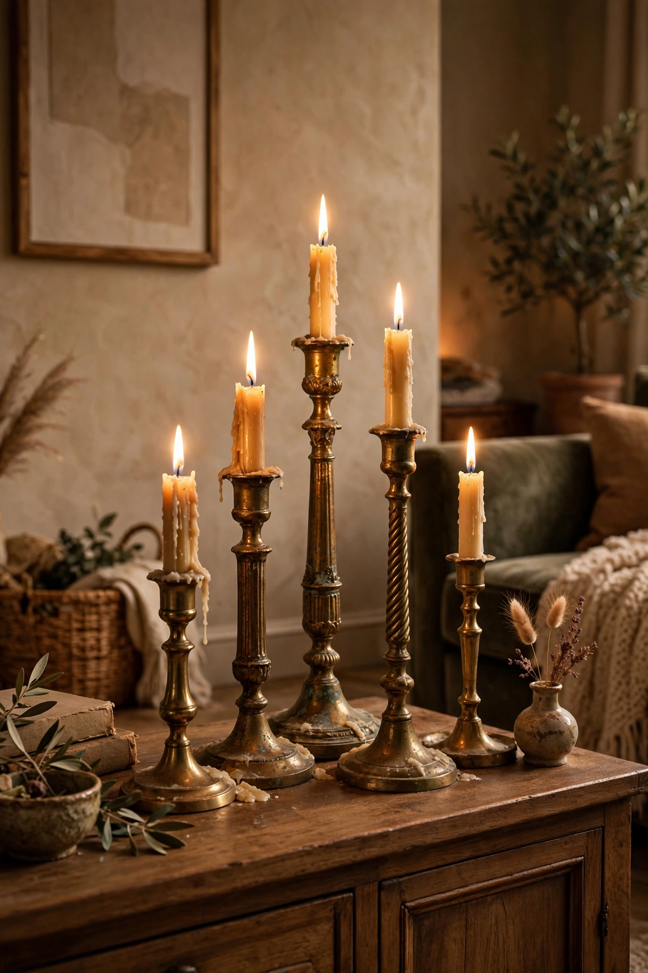 Group of thrifted brass candlesticks with lit candles in a living room
