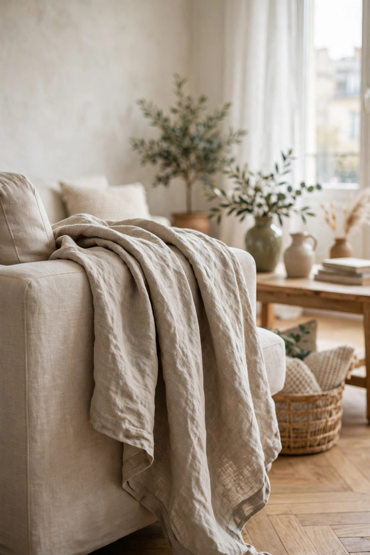 Natural linen-look throw blanket draped over a sofa arm in a living room