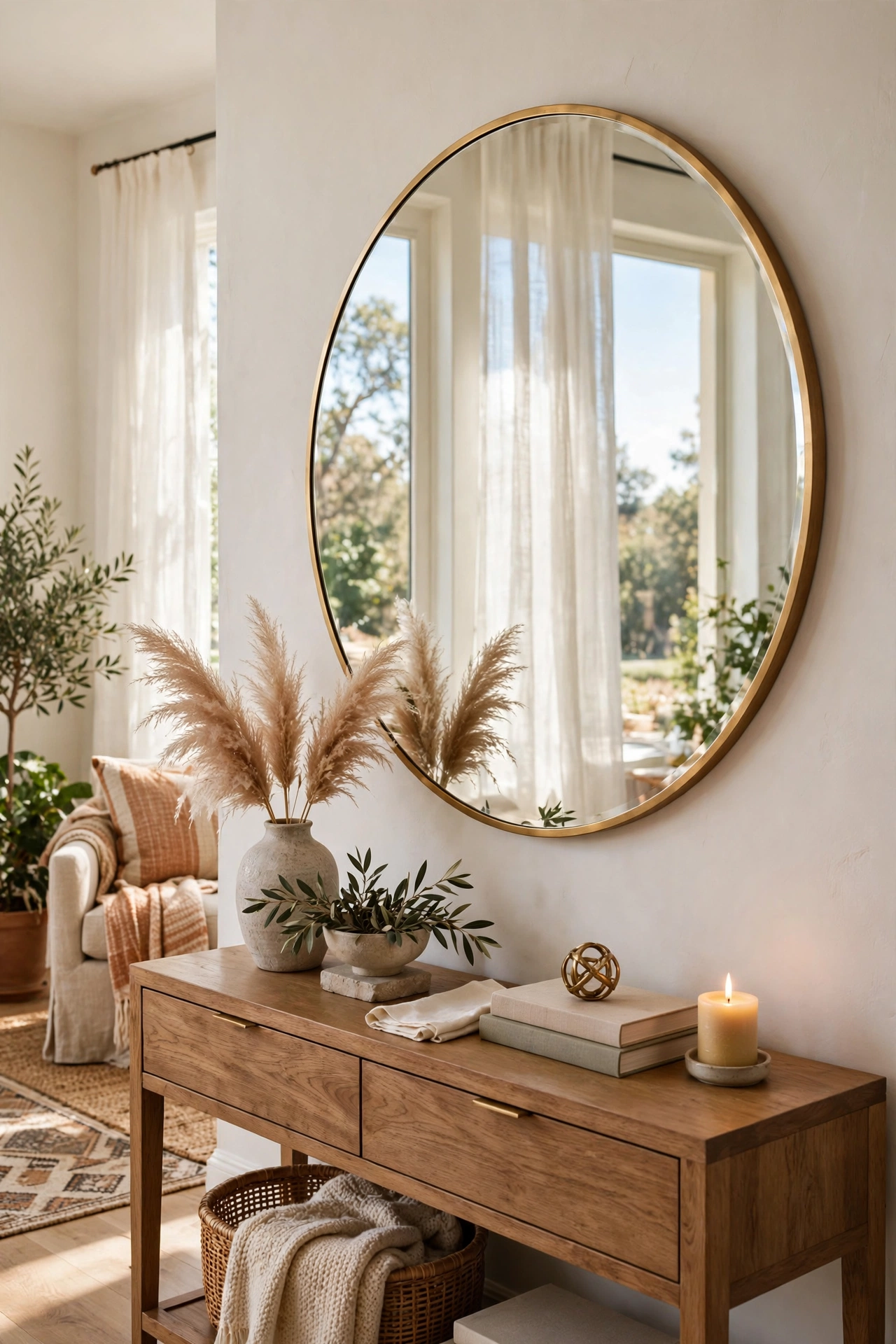 Large 30-inch round mirror hung above a console in a stylish living room