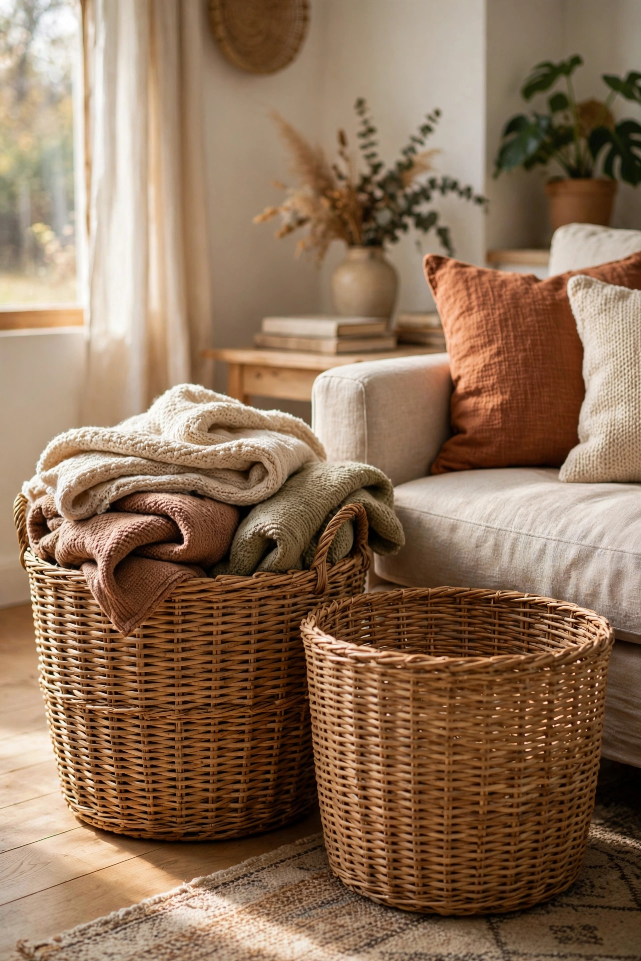 Two large woven baskets used as boutique storage in a living room