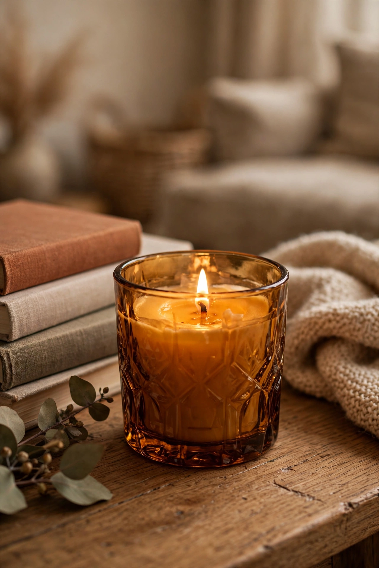 Scented candle in a beautiful amber glass vessel on a coffee table