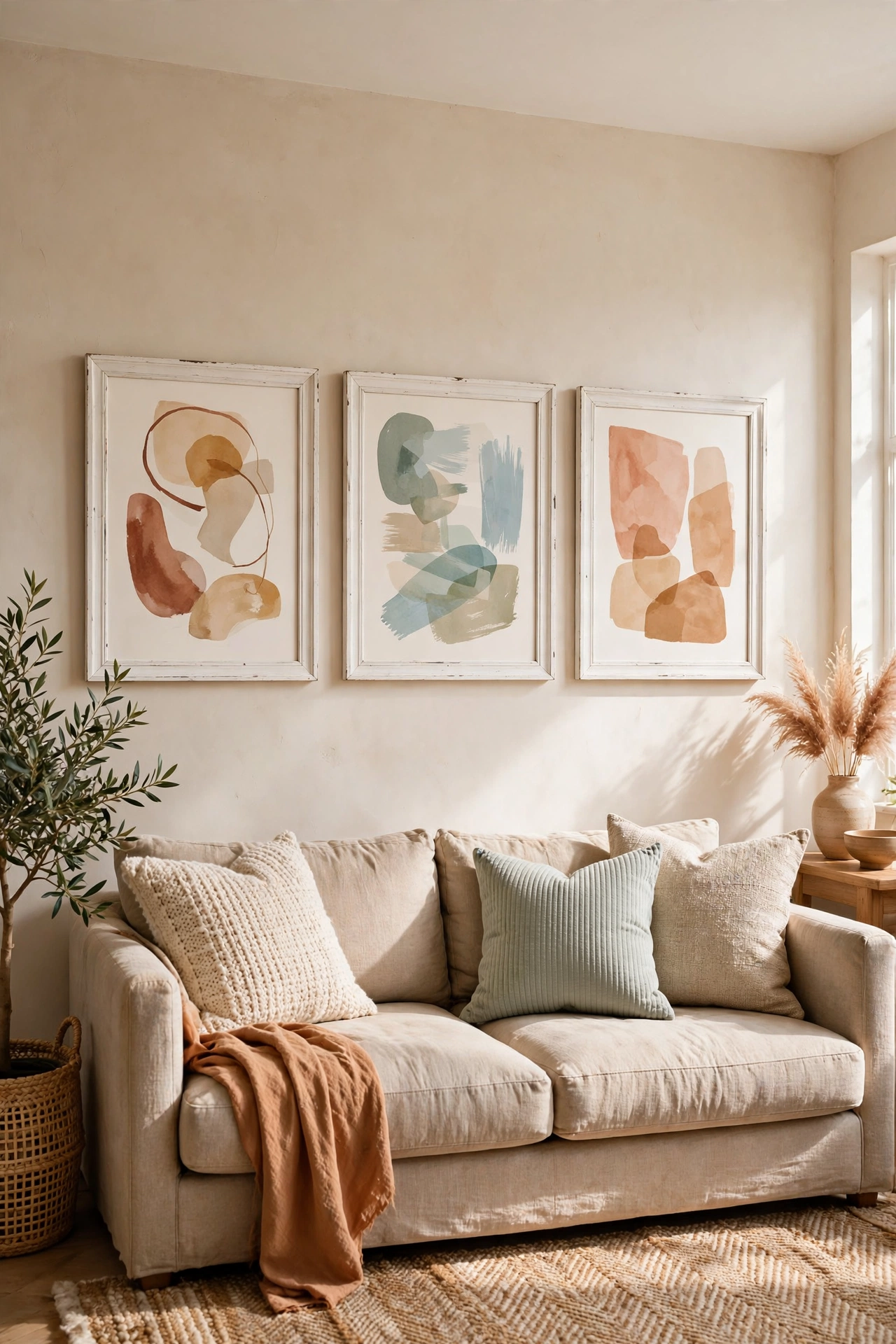 Set of three coordinating abstract prints in matching frames above a sofa