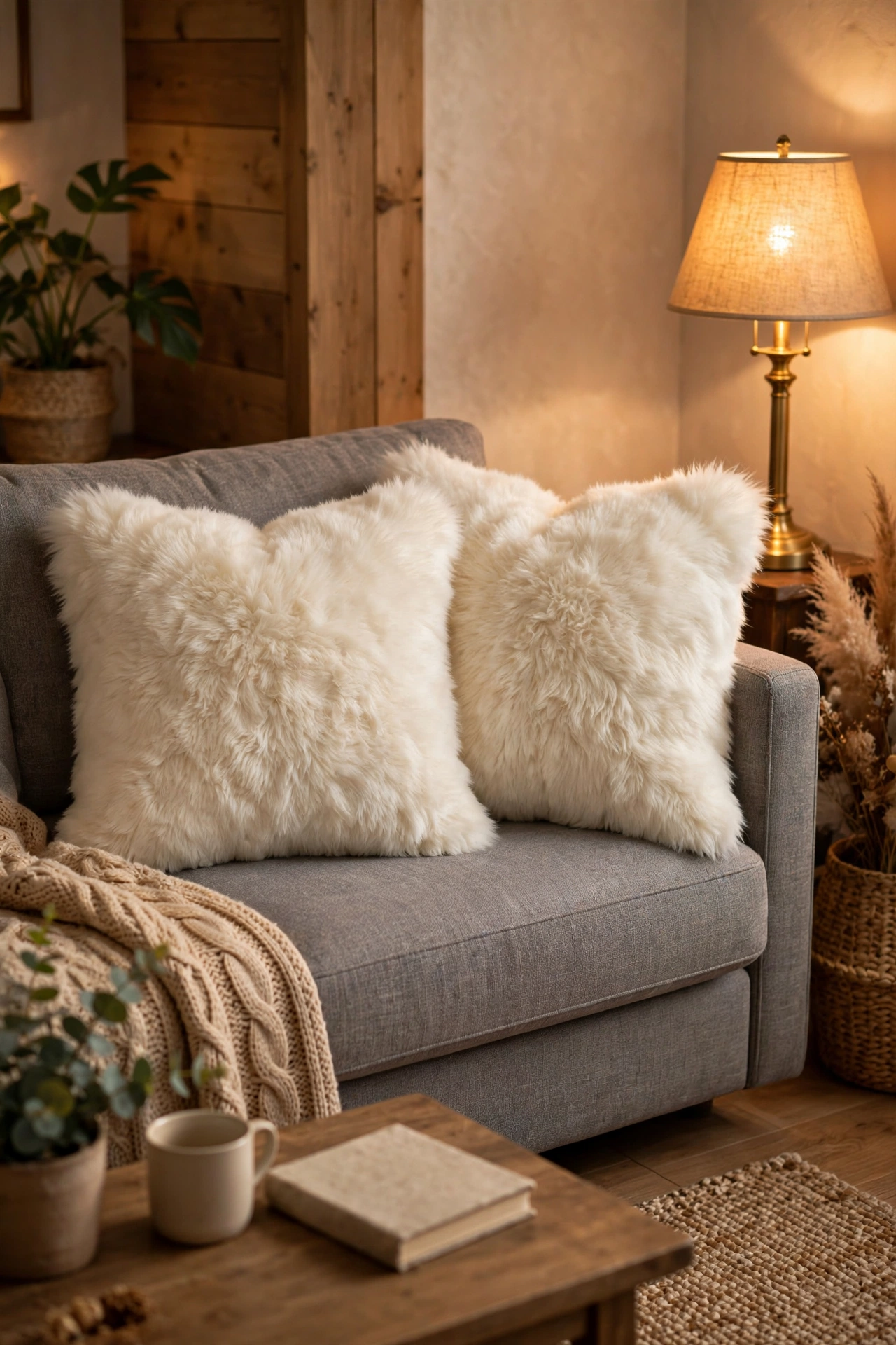 Cream faux fur throw pillows on a gray sofa in a cozy living room