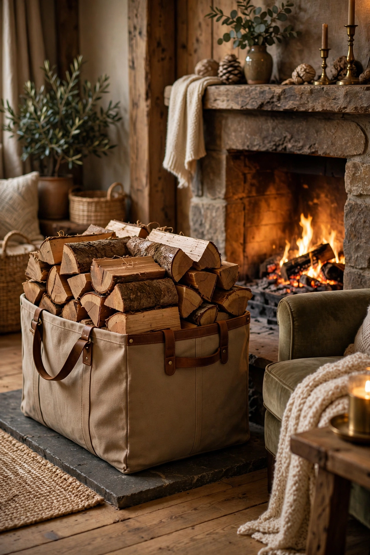 Neat stack of firewood in a canvas carrier by a fireplace in a living room
