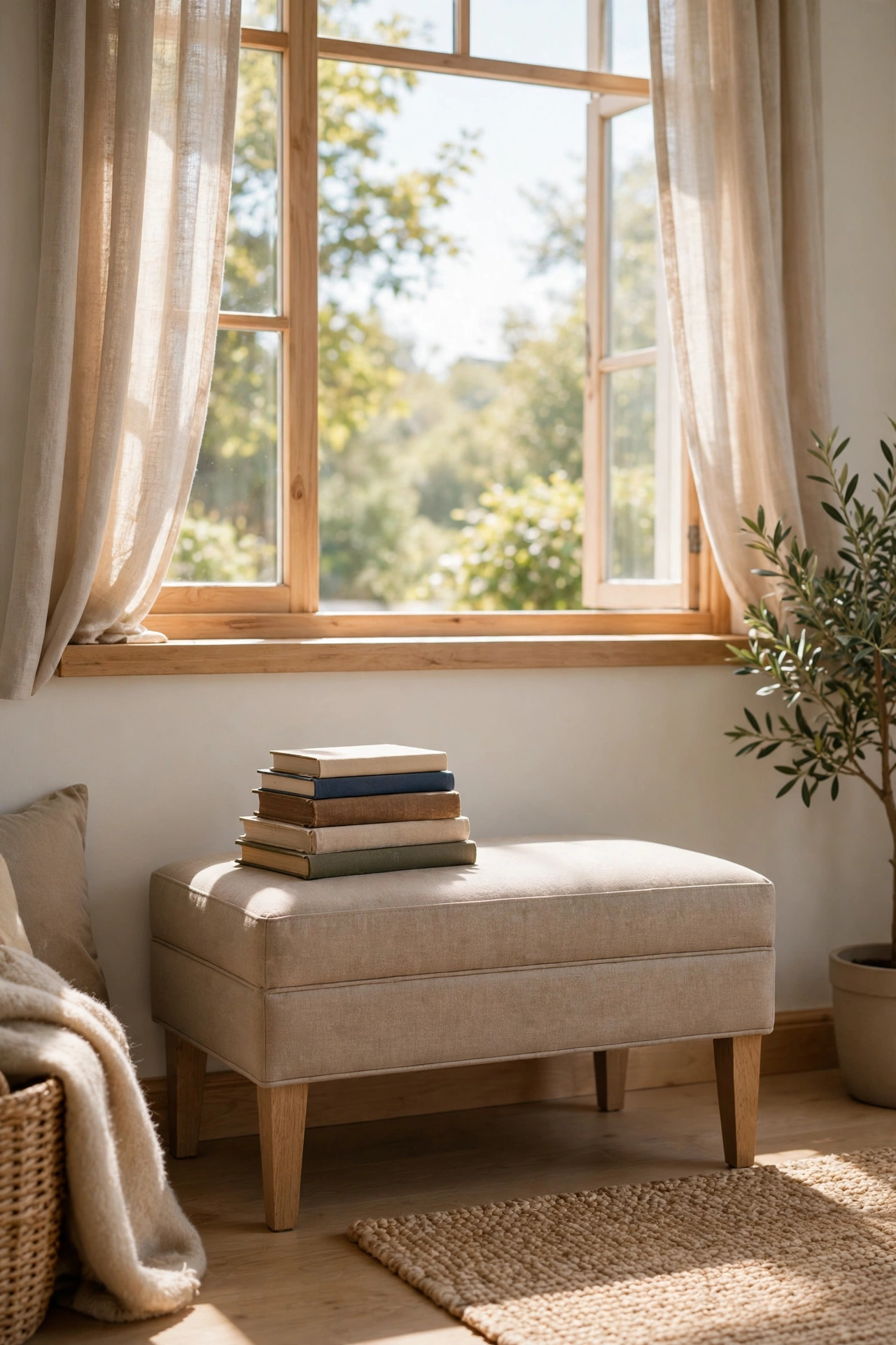 Small upholstered bench under a living room window holding books