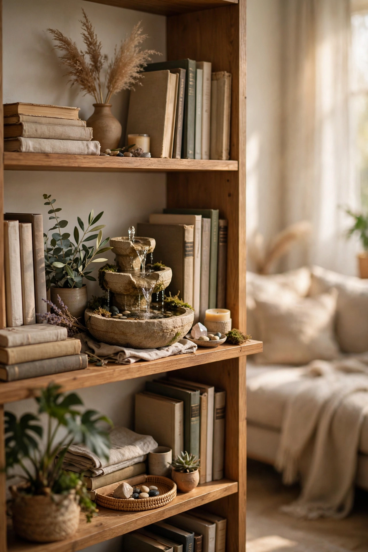 Small tabletop water fountain on a bookshelf in a serene living room