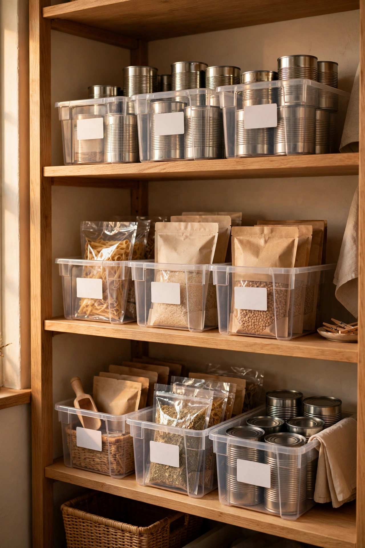 Dollar store stacking bins organising a kitchen pantry