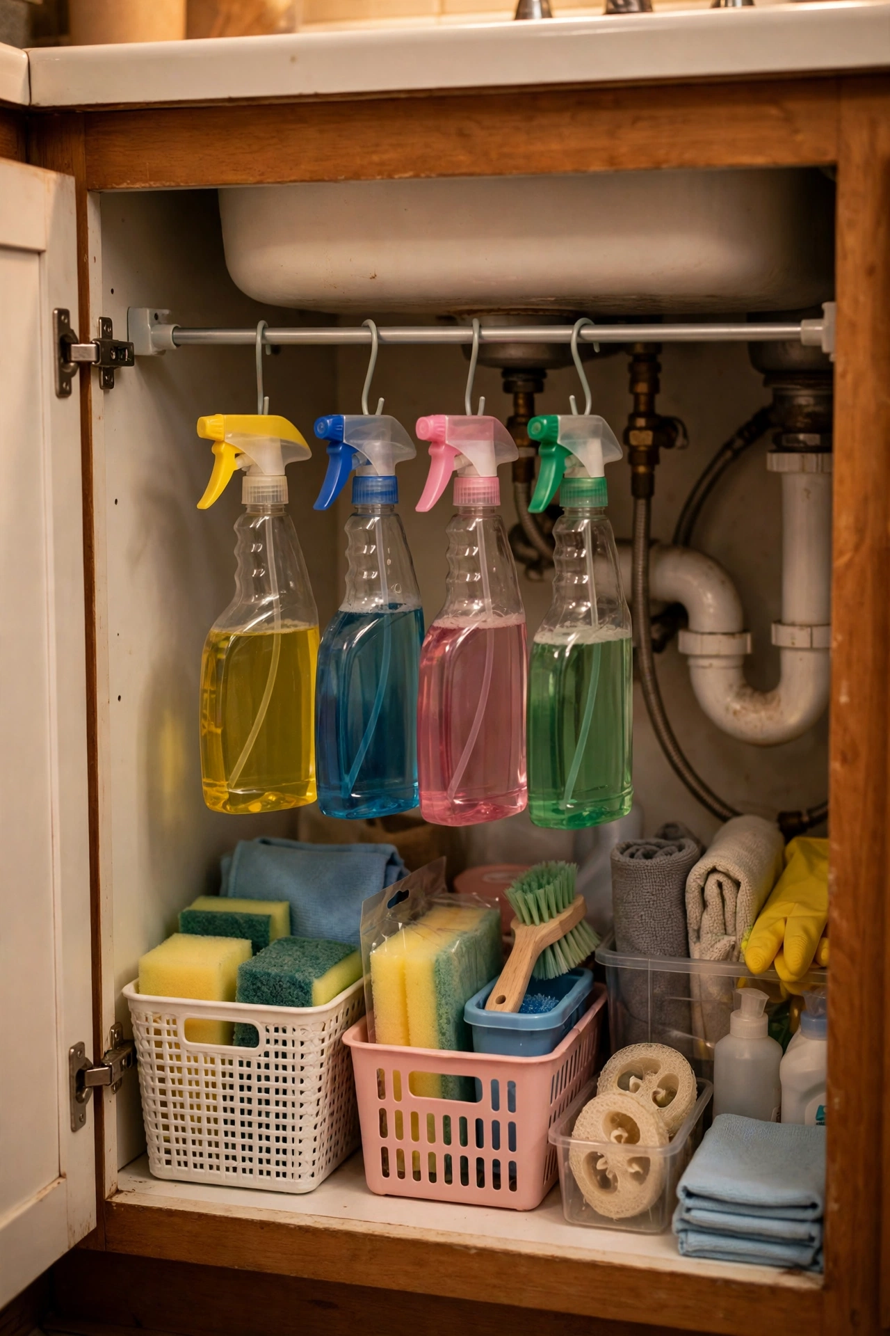 Tension rod under a kitchen sink holding hanging spray bottles