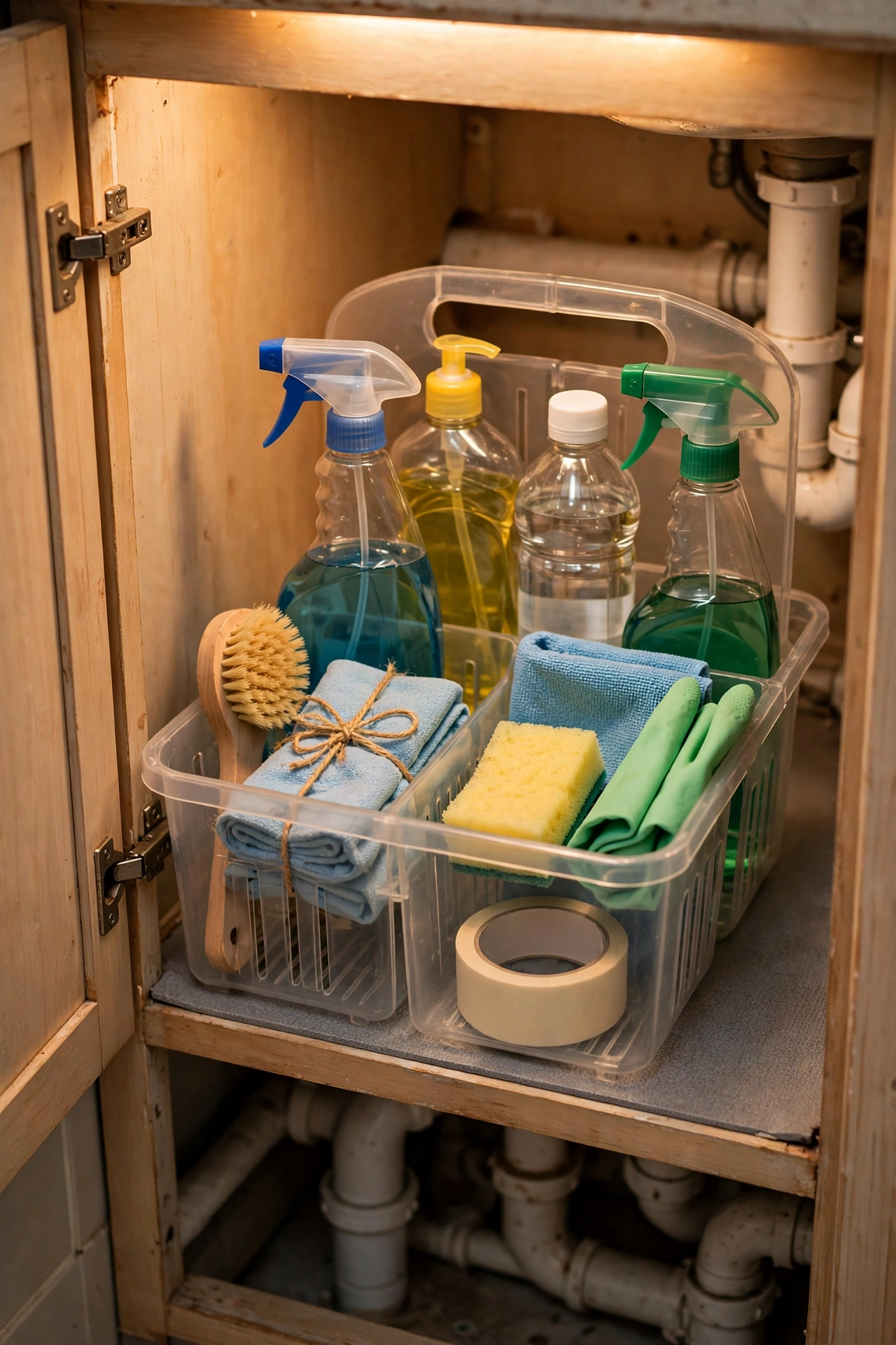 Plastic shower caddy holding cleaning supplies under a kitchen sink