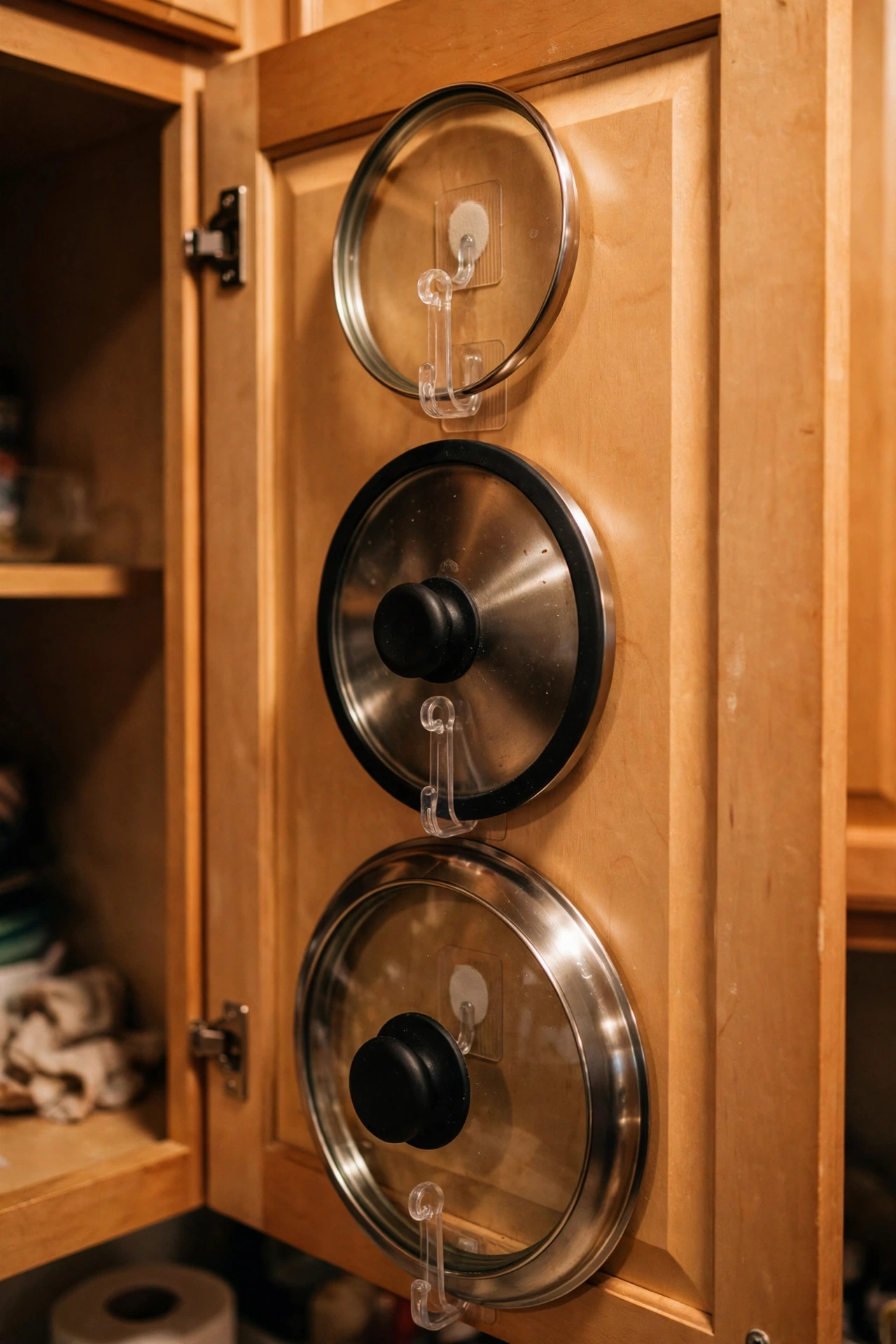 Adhesive hooks inside a cabinet door holding pan lids