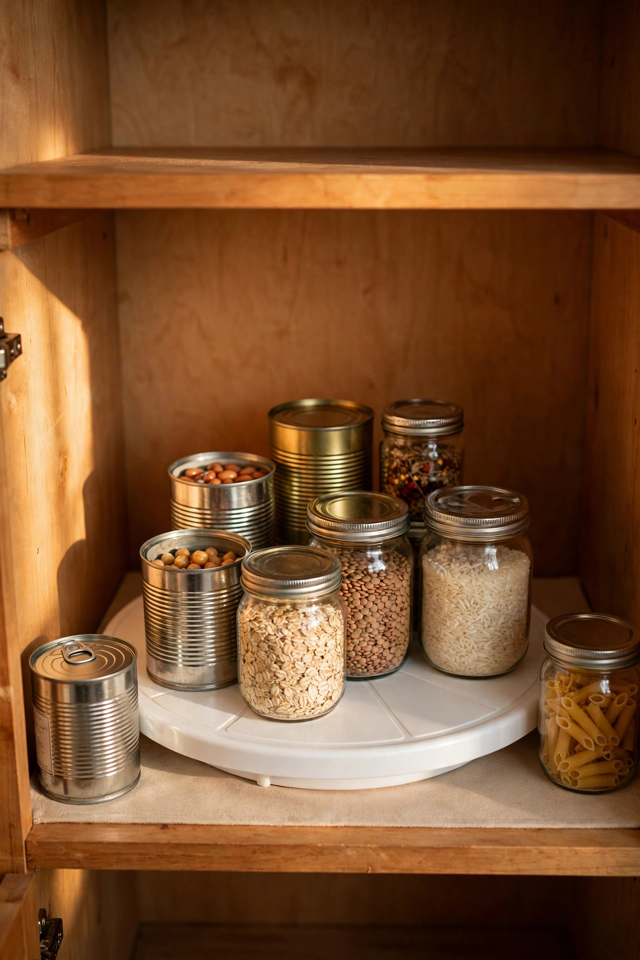 Budget lazy Susan turntable in a kitchen cupboard with tins