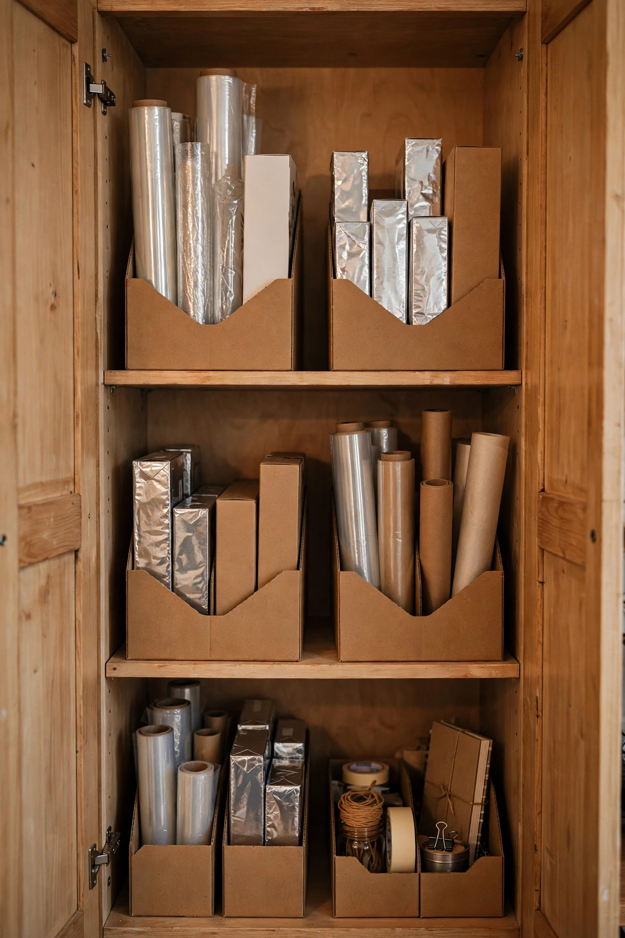 Cardboard magazine holders storing cling film and foil upright