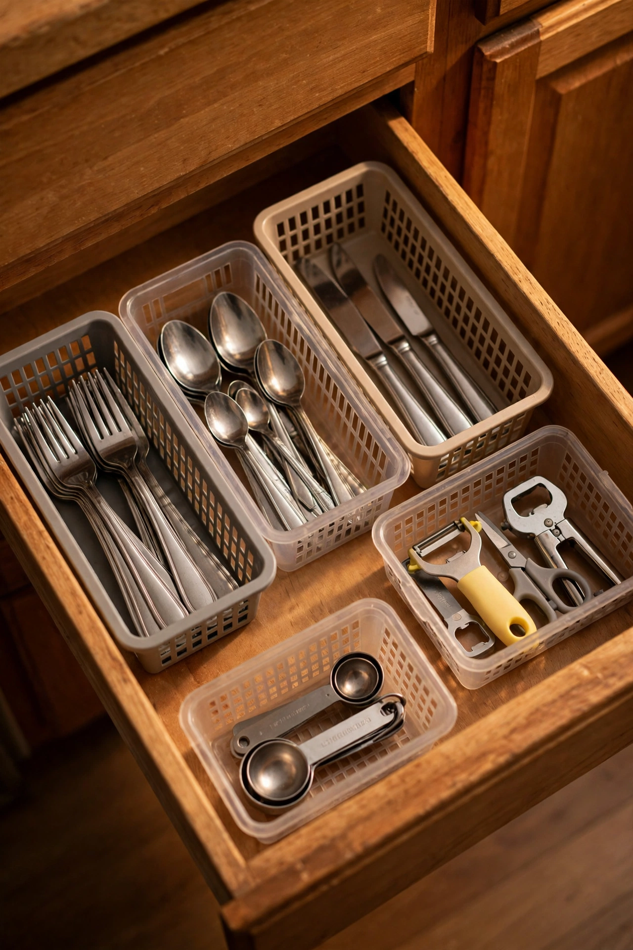 Small plastic baskets dividing a kitchen utensil drawer