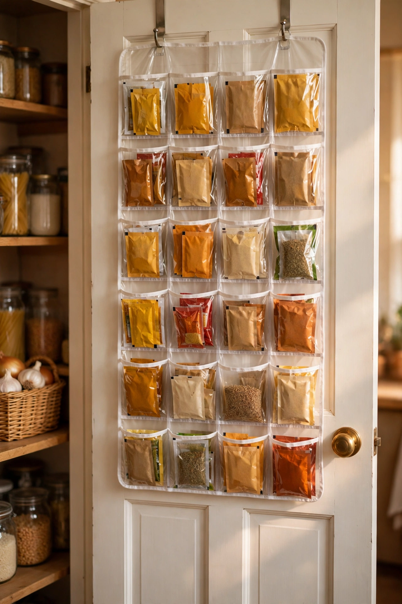 Clear over-the-door shoe organiser on a pantry door holding packets
