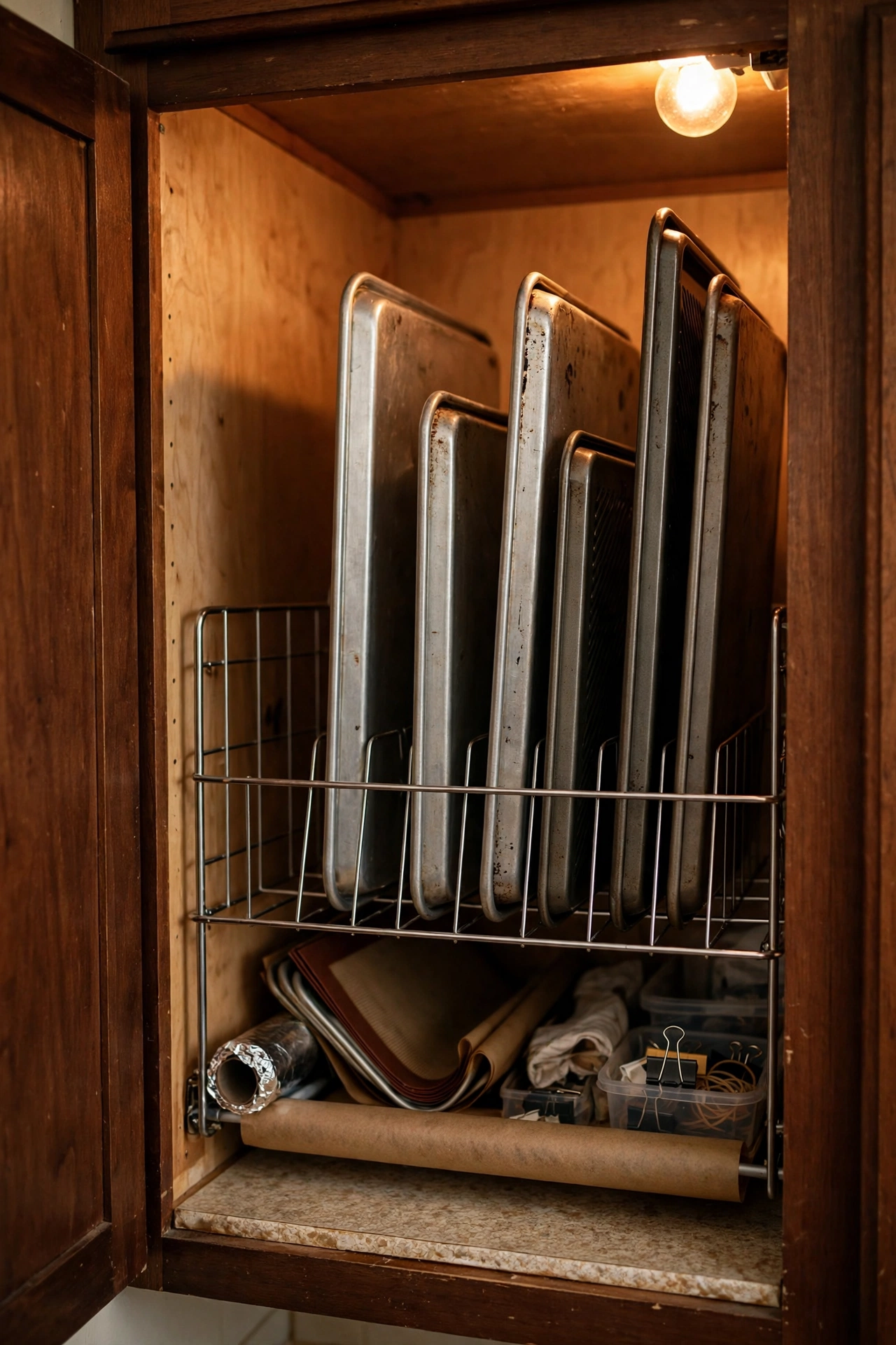 Wire dish rack used upright as vertical pan storage in a cupboard