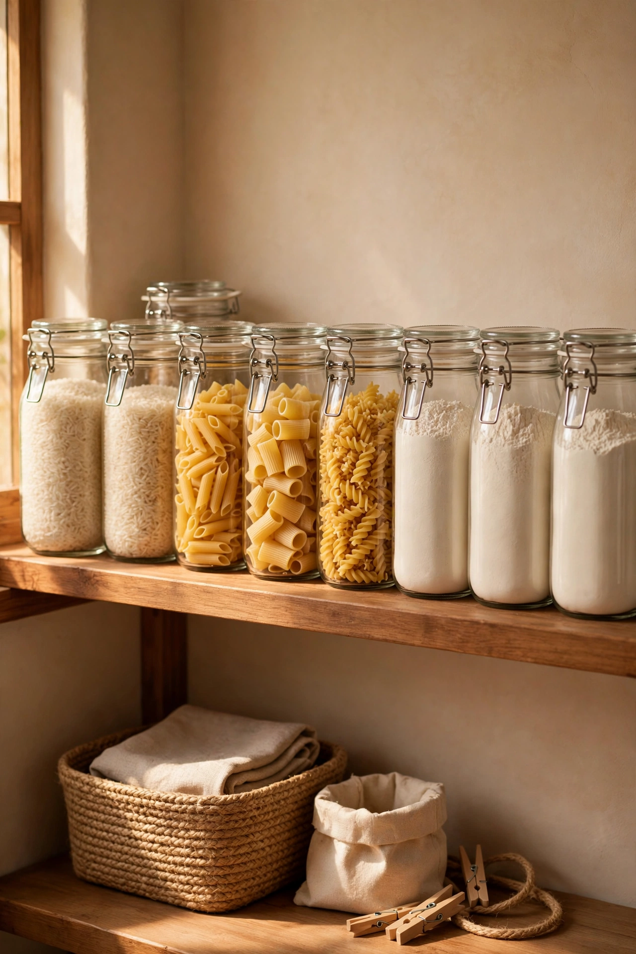 Glass jars with clip lids holding bulk rice and pasta on a pantry shelf