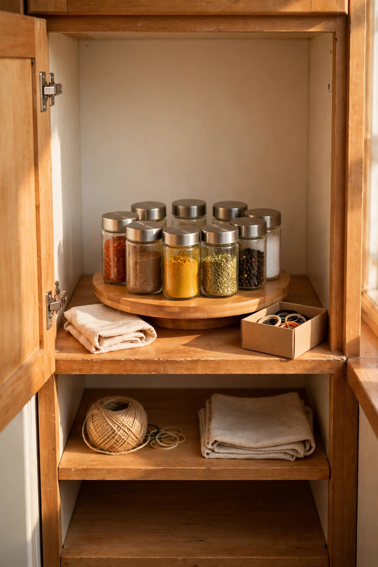 Small turntable with spice jars inside a kitchen cupboard