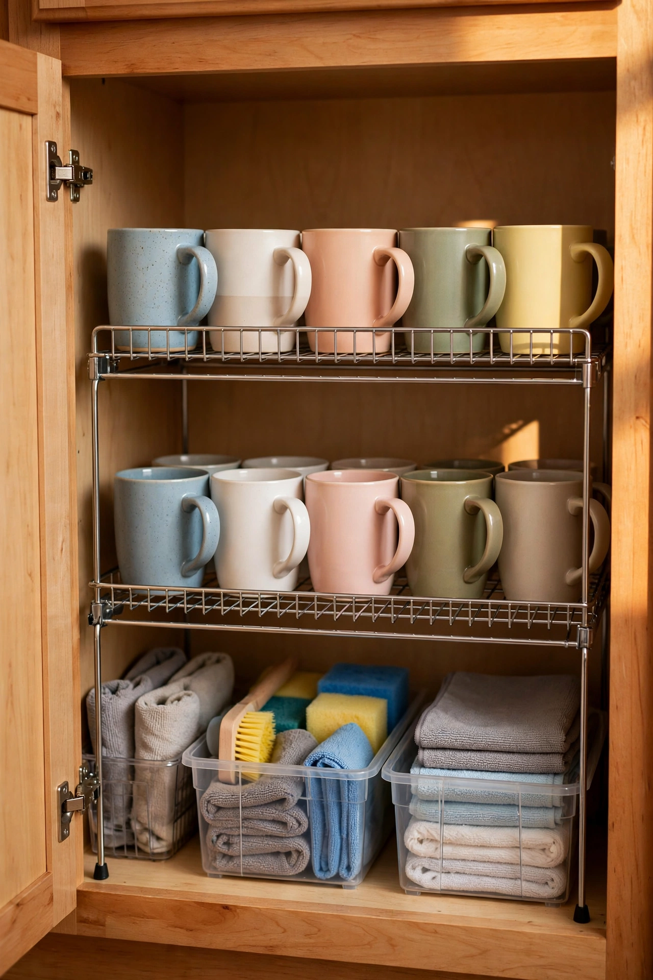 Wire shelf risers doubling storage inside a kitchen cabinet