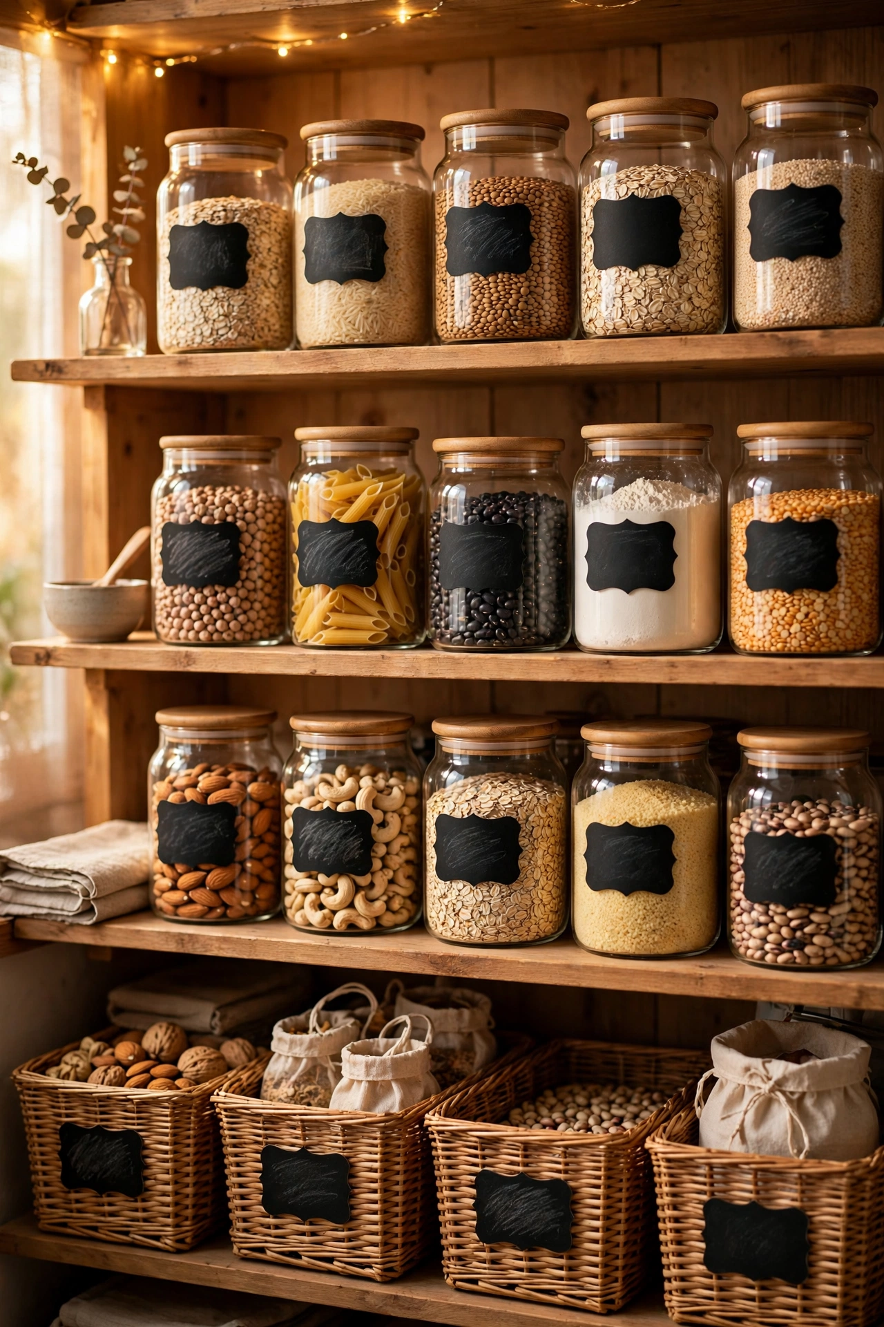 Chalkboard sticker labels on pantry bins and jars