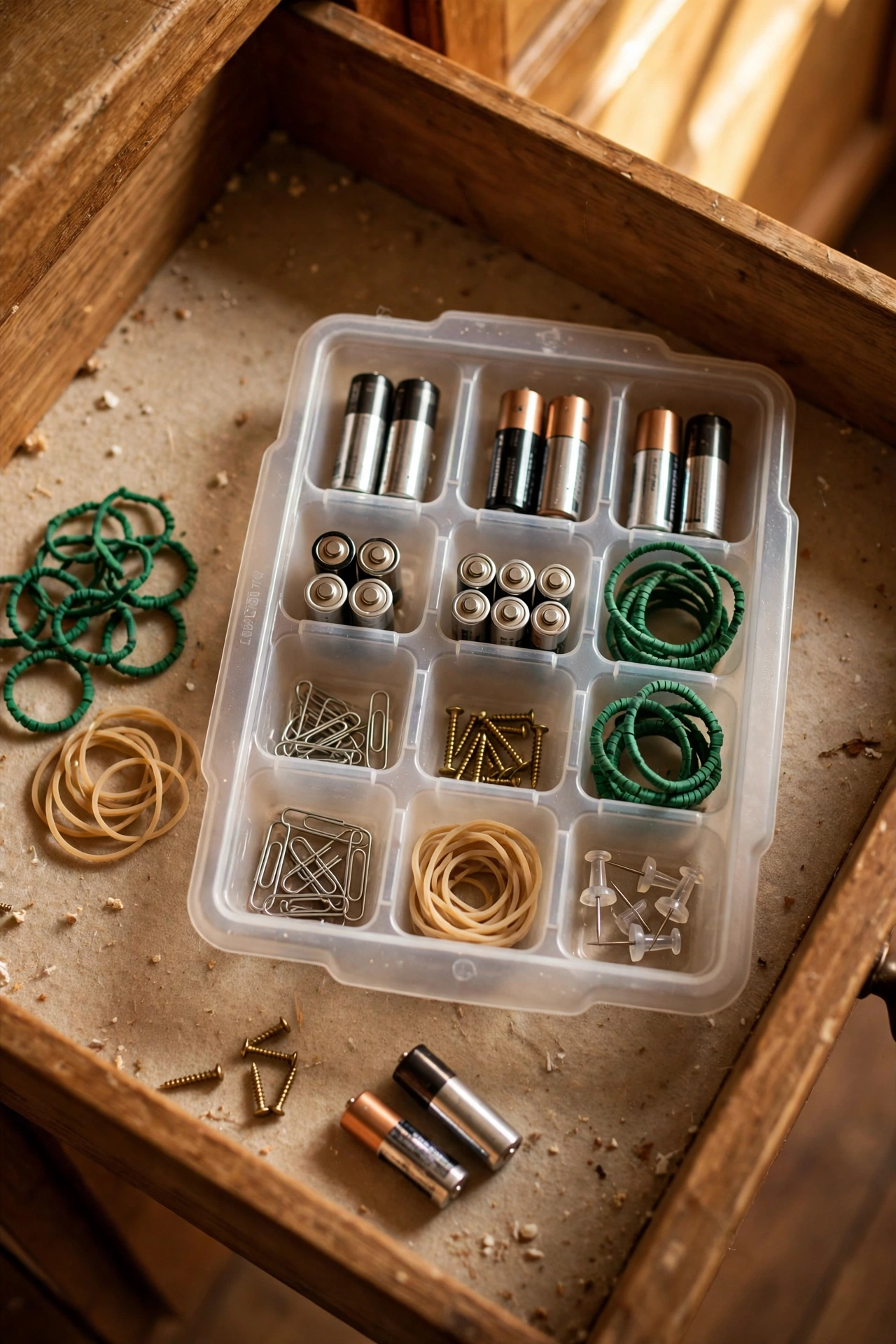 Ice cube tray organising small items in a kitchen drawer
