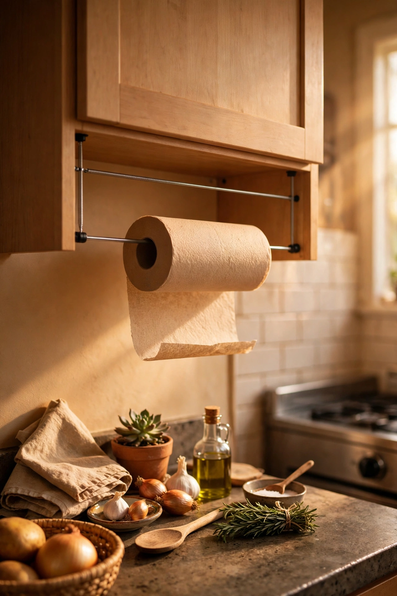 Tension rod under a wall cabinet holding a paper towel roll