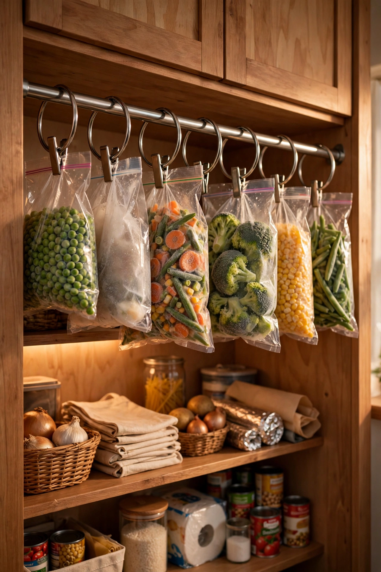 Shower curtain rings on a rod holding bags of frozen vegetables