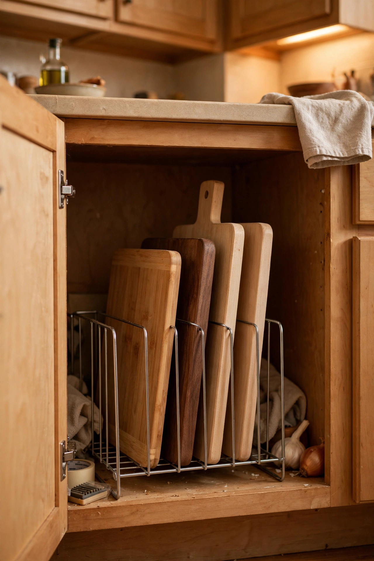 Metal file sorter holding cutting boards upright in a cupboard