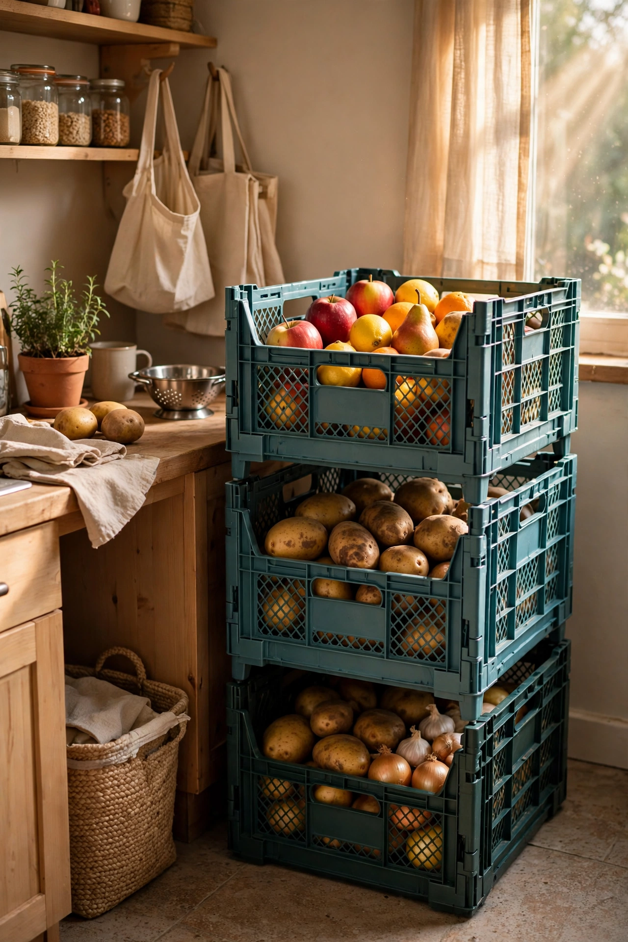 Collapsible crates holding produce stacked in a kitchen