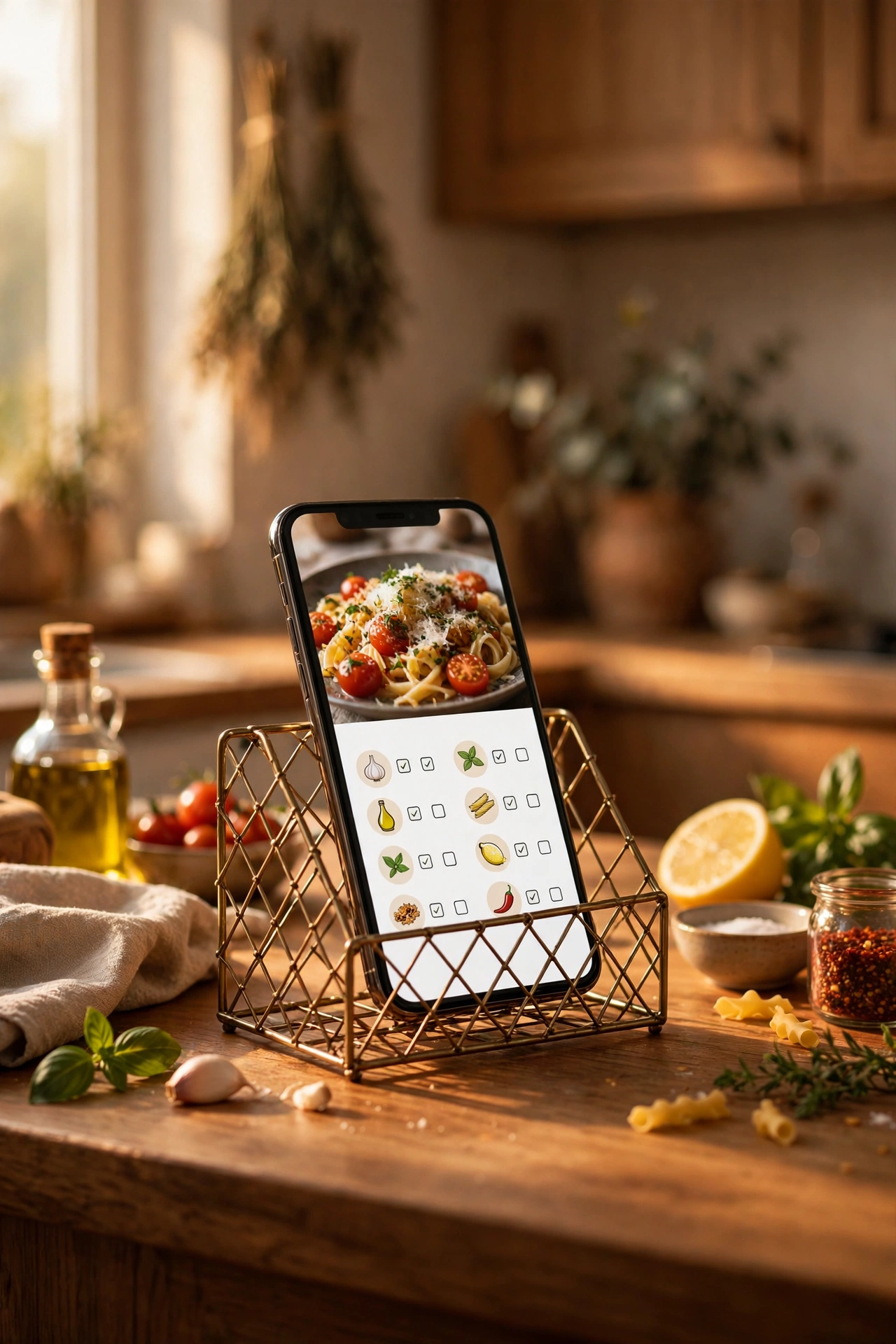 Wire napkin holder propping up a phone as a recipe stand